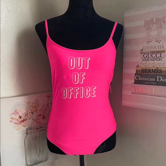 No Boundaries Pink 'Out of Office' One Piece Swimsuit - Picture 1 of 5